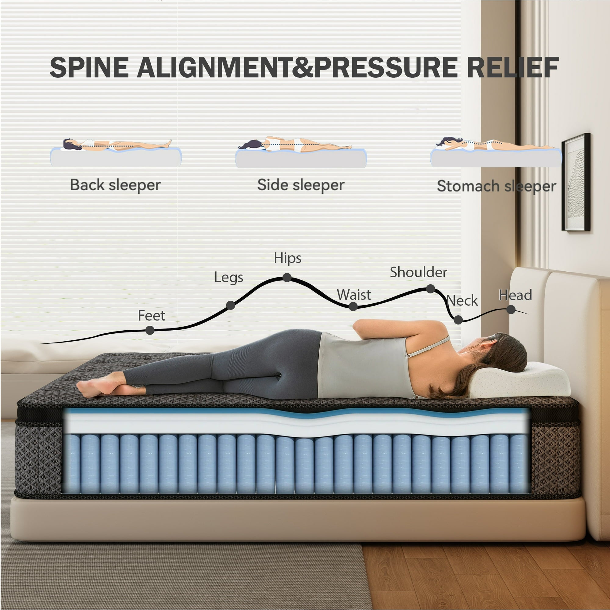 HIKOS 12 inch Queen Mattress in a Box, Cooling Gel Memory Foam Hybrid Mattress with Individually Wrapped Pocket Coils, Medium Firm Queen Size Mattress, Pressure Relief for Adult